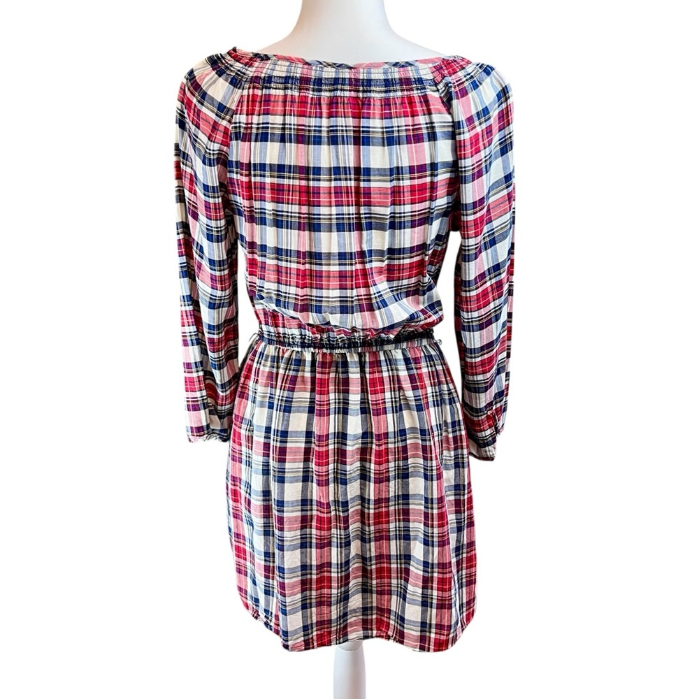 FOREVER 21 Red White Blue Plaid Cotton Dress Sz L Long Sleeve Coastal Preppy USA - Picture 3 of 11